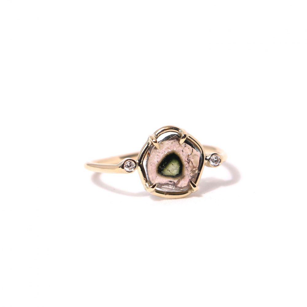 Bague or 18cts, Tourmaline melon d'eau et diamants