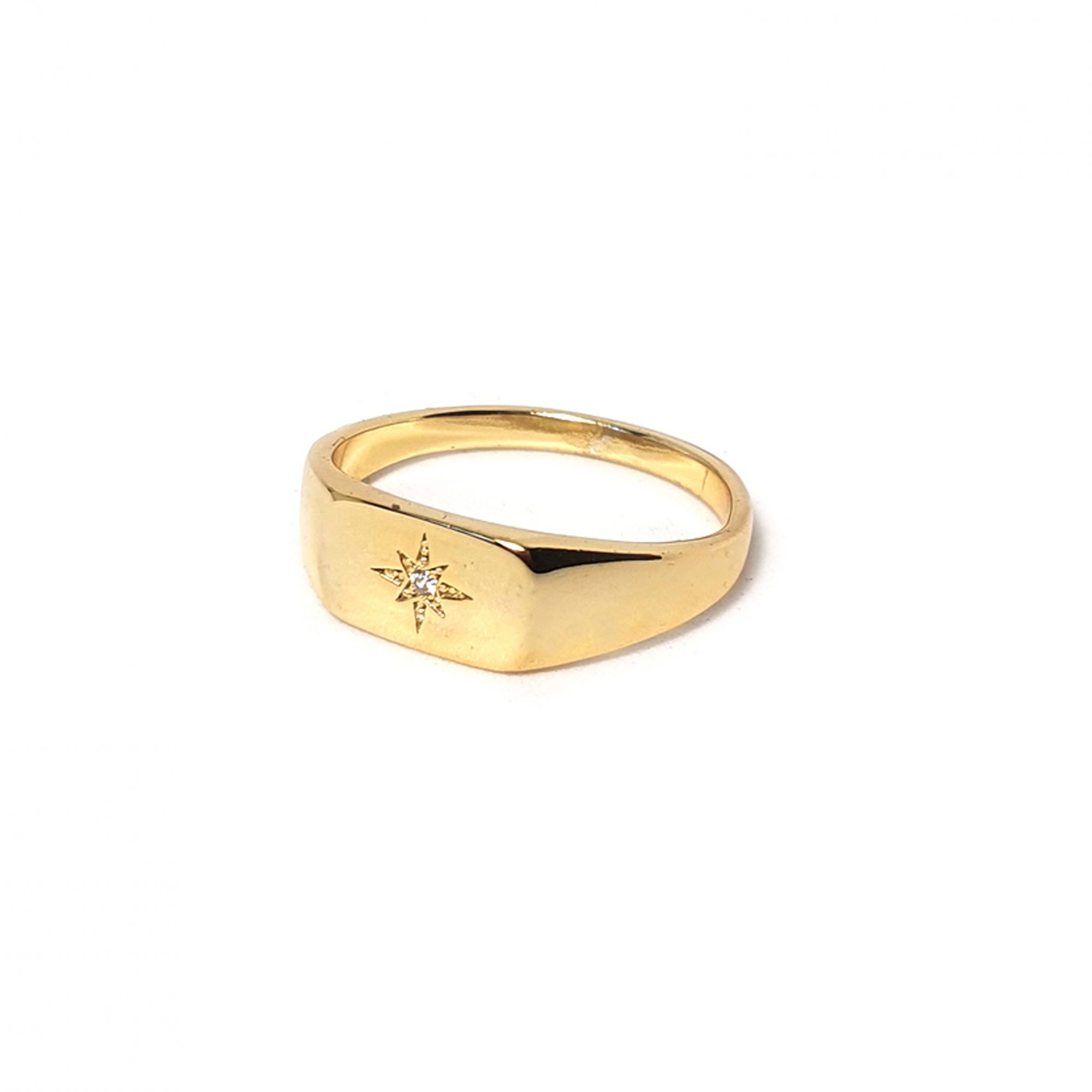 Bague chevalière en argent plaqué or et zircon serti étoile