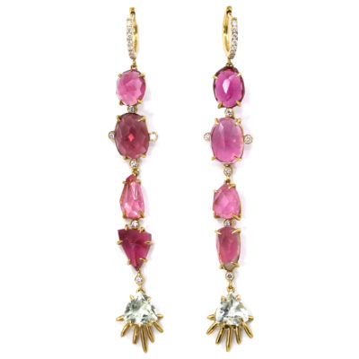 Boucles d’oreilles Dévotion, tourmalines roses, améthystes vertes, or 18ct et diamants