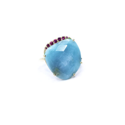 Bague larimar et saphirs fuchsias